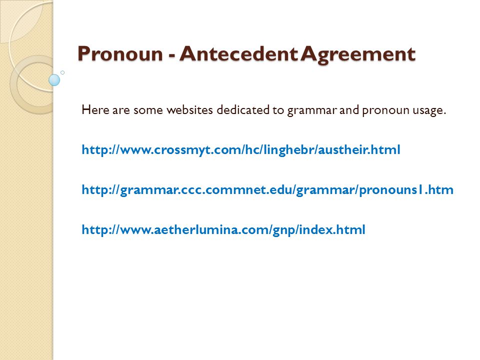 Pronoun - Antecedent Agreement Here are some websites dedicated to grammar and pronoun usage.