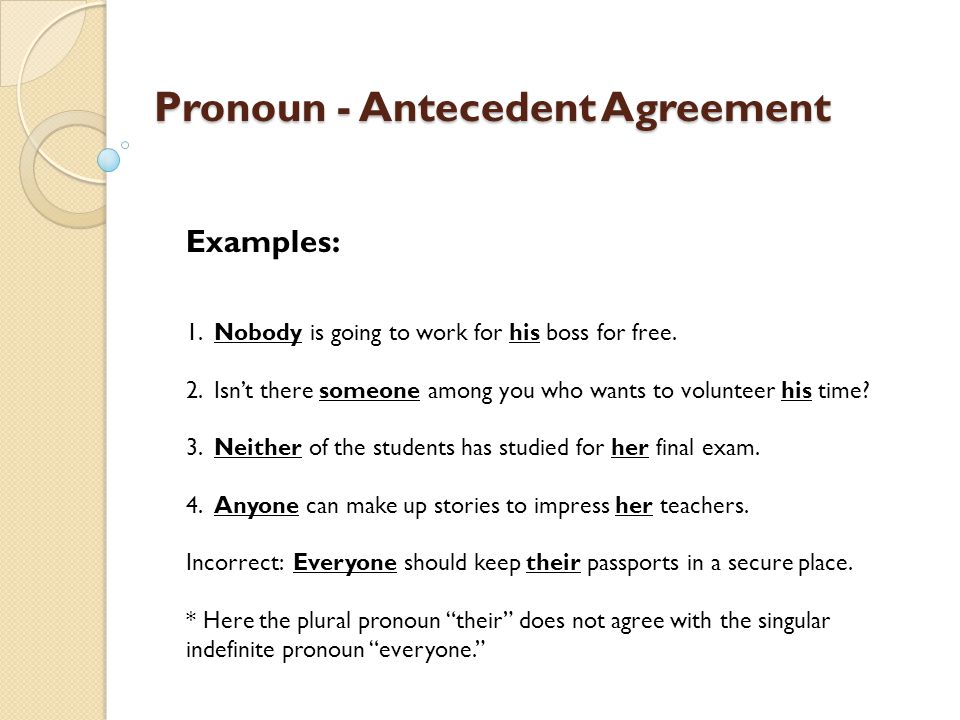 Pronoun - Antecedent Agreement Examples: 1. Nobody is going to work for his boss for free.