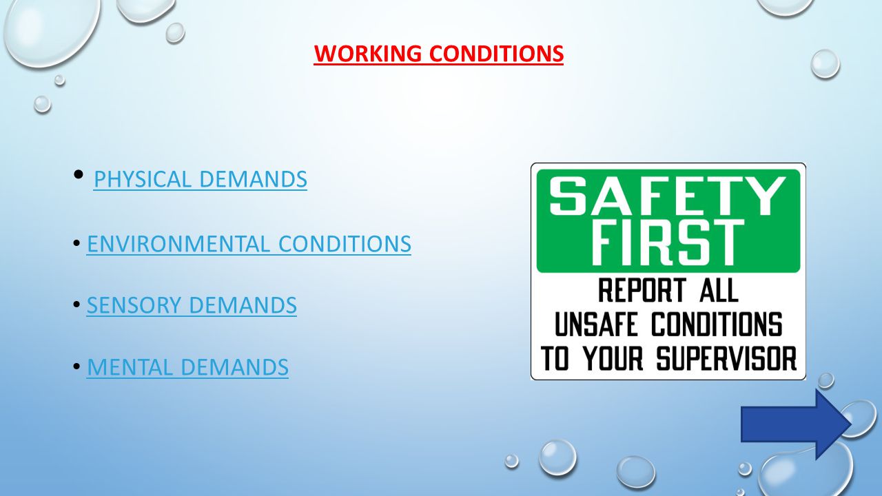 WORKING CONDITIONS PHYSICAL DEMANDS ENVIRONMENTAL CONDITIONS SENSORY DEMANDS MENTAL DEMANDS