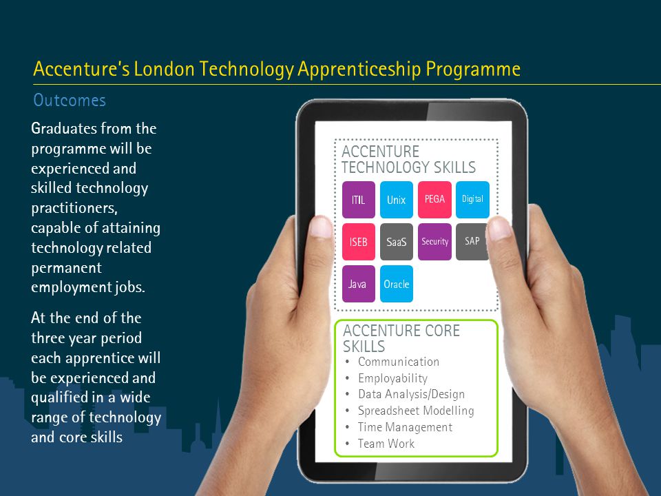 Accenture’s London Technology Apprenticeship Programme Outcomes Graduates from the programme will be experienced and skilled technology practitioners, capable of attaining technology related permanent employment jobs.