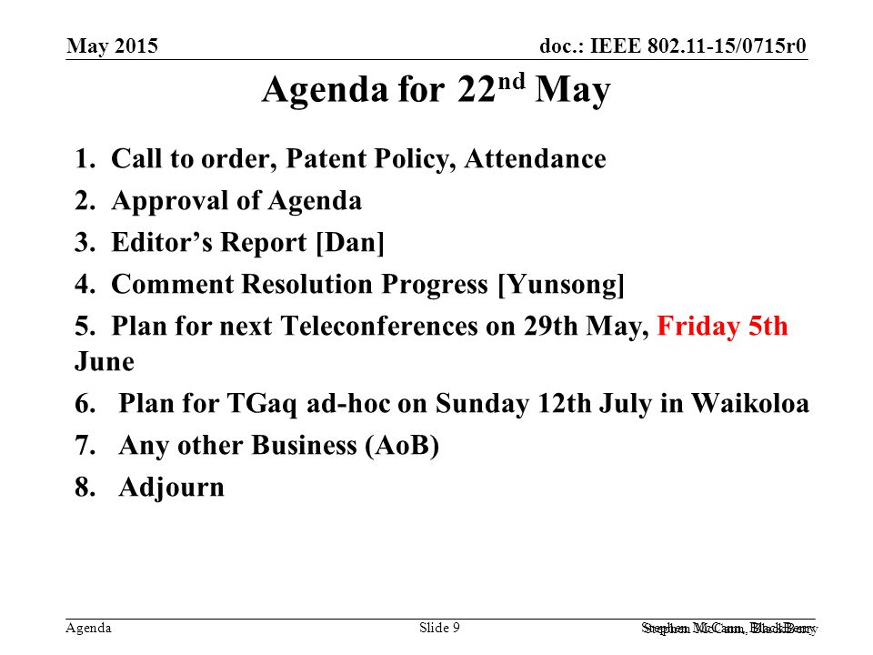 doc.: IEEE /0715r0 Agenda Agenda for 22 nd May 1.