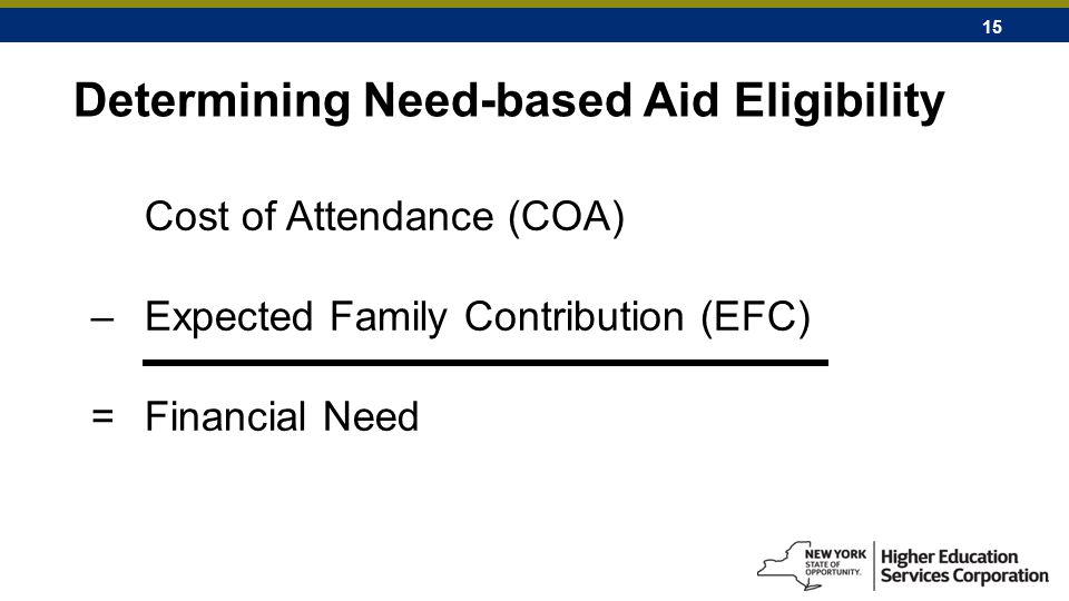 15 Determining Need-based Aid Eligibility Cost of Attendance (COA) – Expected Family Contribution (EFC) = Financial Need
