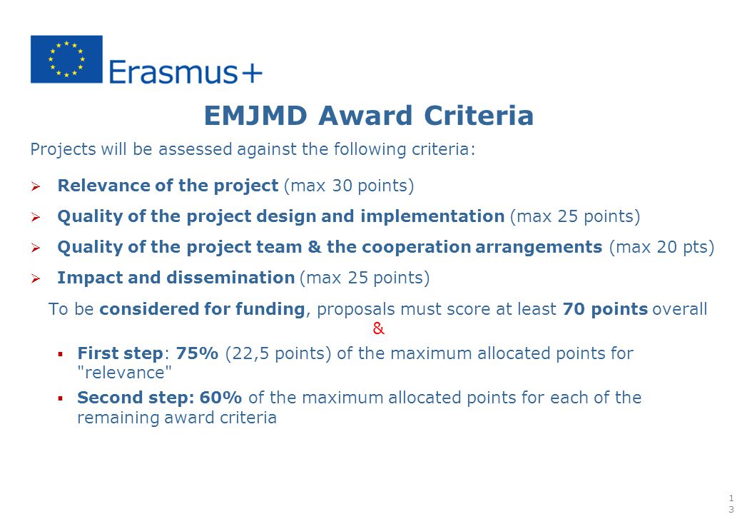EMJMD Award Criteria Projects will be assessed against the following criteria:  Relevance of the project (max 30 points)  Quality of the project design and implementation (max 25 points)  Quality of the project team & the cooperation arrangements (max 20 pts)  Impact and dissemination (max 25 points) To be considered for funding, proposals must score at least 70 points overall &  First step: 75% (22,5 points) of the maximum allocated points for relevance  Second step: 60% of the maximum allocated points for each of the remaining award criteria 13