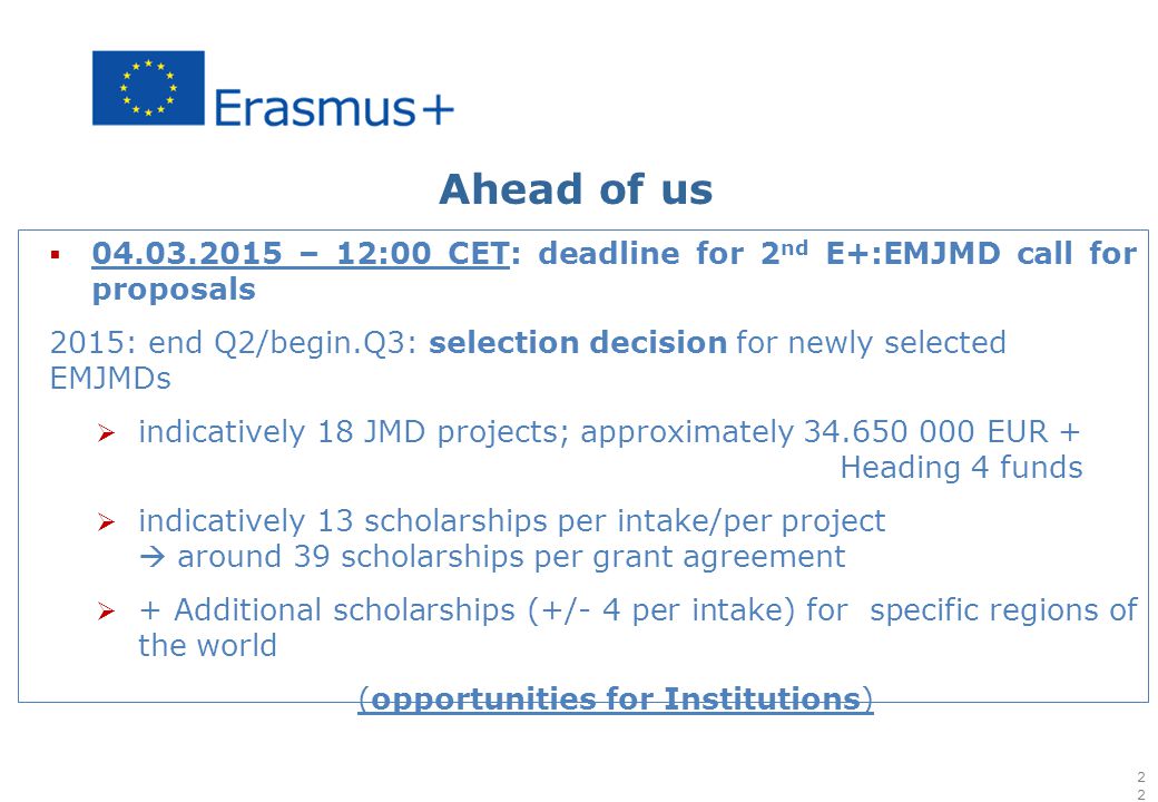 Ahead of us  – 12:00 CET: deadline for 2 nd E+:EMJMD call for proposals 2015: end Q2/begin.Q3: selection decision for newly selected EMJMDs  indicatively 18 JMD projects; approximately EUR + Heading 4 funds  indicatively 13 scholarships per intake/per project  around 39 scholarships per grant agreement  + Additional scholarships (+/- 4 per intake) for specific regions of the world (opportunities for Institutions) 22