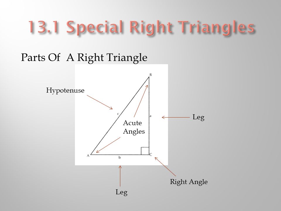 Parts Of A Right Triangle Leg Hypotenuse Leg Right Angle Acute Angles