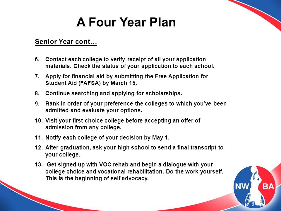 11 A Four Year Plan Senior Year cont… 6.Contact each college to verify receipt of all your application materials.