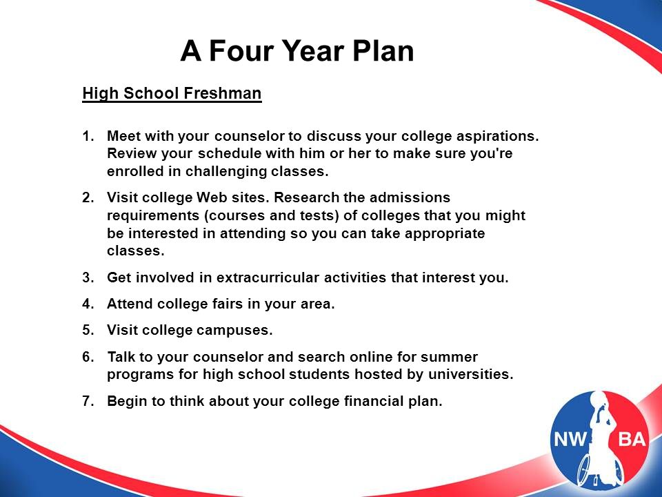 4 A Four Year Plan High School Freshman 1.Meet with your counselor to discuss your college aspirations.