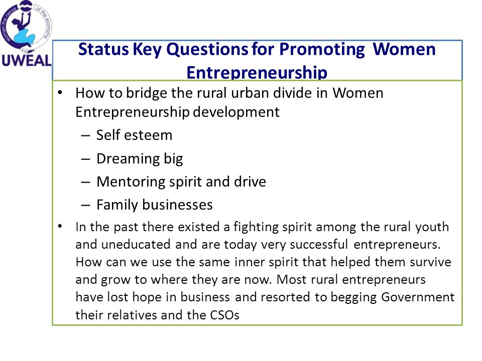 Status Key Questions for Promoting Women Entrepreneurship How to bridge the rural urban divide in Women Entrepreneurship development – Self esteem – Dreaming big – Mentoring spirit and drive – Family businesses In the past there existed a fighting spirit among the rural youth and uneducated and are today very successful entrepreneurs.