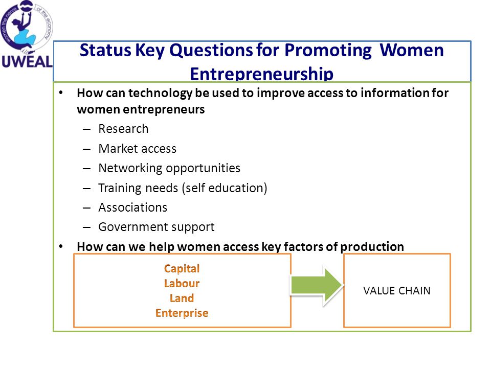 Status Key Questions for Promoting Women Entrepreneurship How can technology be used to improve access to information for women entrepreneurs – Research – Market access – Networking opportunities – Training needs (self education) – Associations – Government support How can we help women access key factors of production VALUE CHAIN