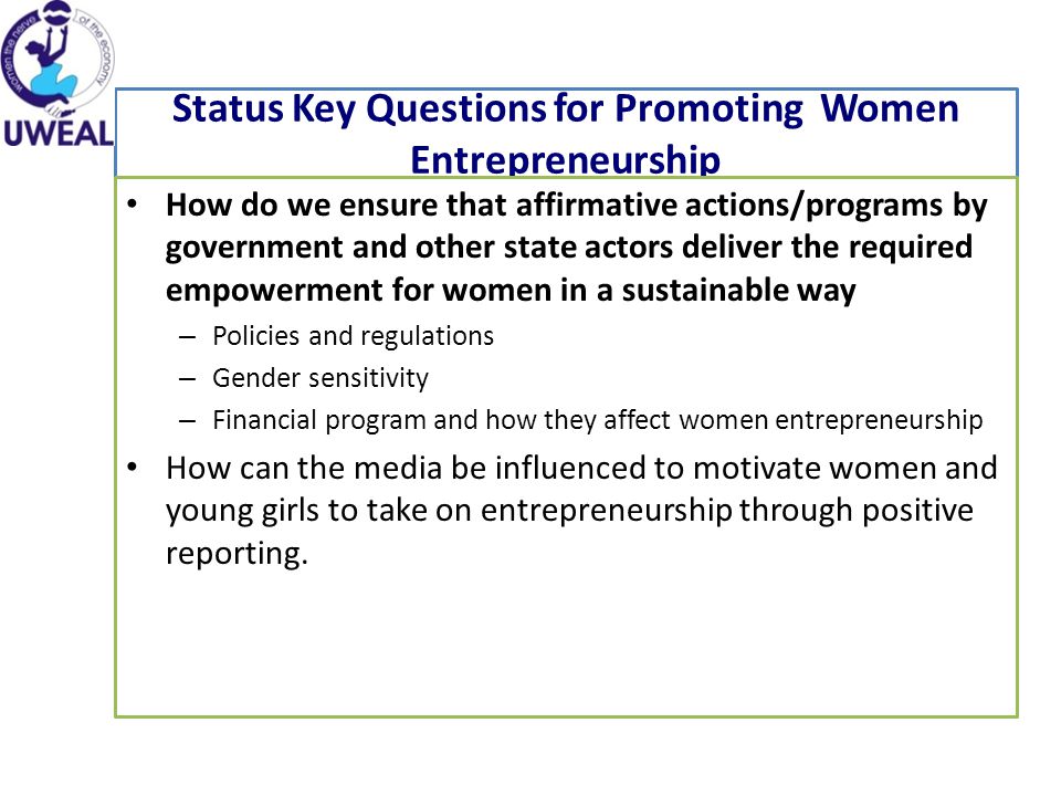 Status Key Questions for Promoting Women Entrepreneurship How do we ensure that affirmative actions/programs by government and other state actors deliver the required empowerment for women in a sustainable way – Policies and regulations – Gender sensitivity – Financial program and how they affect women entrepreneurship How can the media be influenced to motivate women and young girls to take on entrepreneurship through positive reporting.