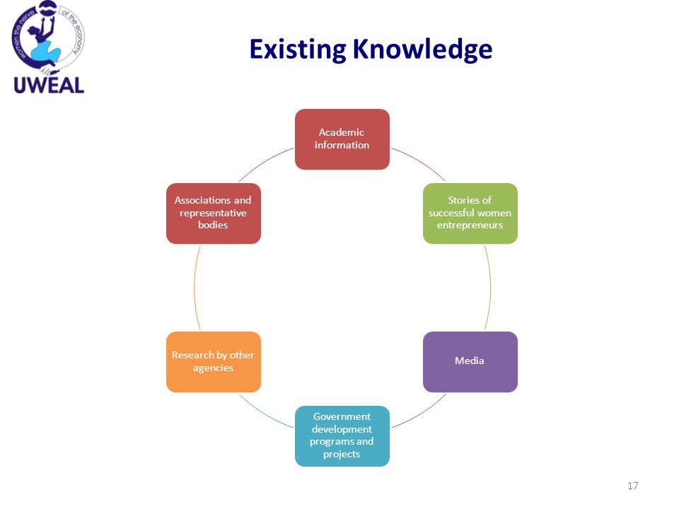 Existing Knowledge Academic information Stories of successful women entrepreneurs Media Government development programs and projects Research by other agencies Associations and representative bodies 17