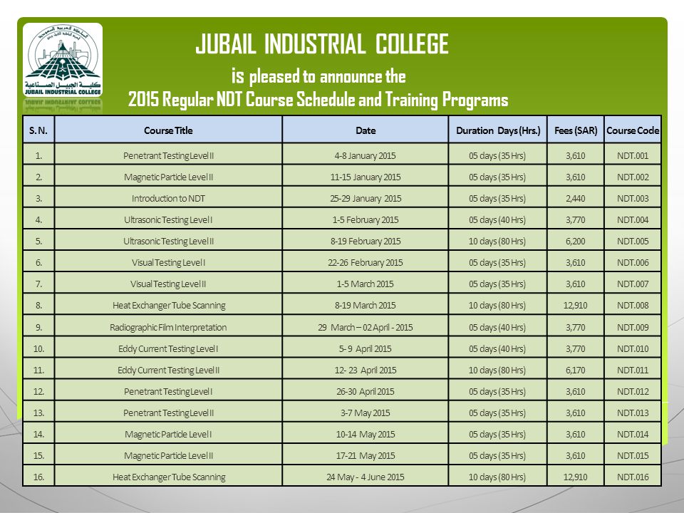 JUBAIL INDUSTRIAL COLLEGE is pleased to announce the 2015 Regular NDT Course Schedule and Training Programs S.