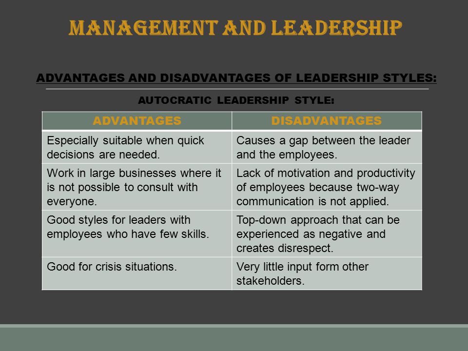 advantage of autocratic leadership style Advantages and disadvantages of autocratic leadership unit 1 autocratic leadership what is autocratic leadership - autocratic leaders make decisions without consulting their team members, even if their input would be useful this can be appropriate when you need to make decisions quickly, when there's no need for team. advantage of autocratic leadership style Advantages and disadvantages of autocratic leadership unit 1 autocratic leadership what is autocratic leadership - autocratic leaders make decisions without consulting their team members, even if their input would be useful this can be appropriate when you need to make decisions quickly, when there's no need for team.