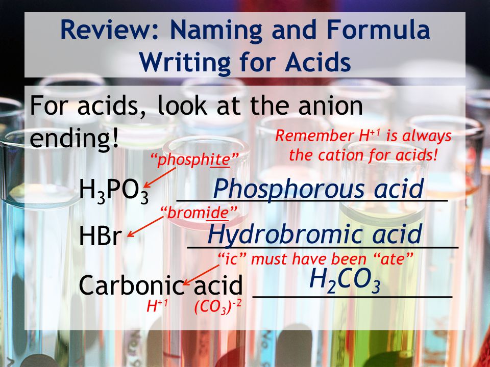 Review: Naming and Formula Writing for Acids For acids, look at the anion ending.
