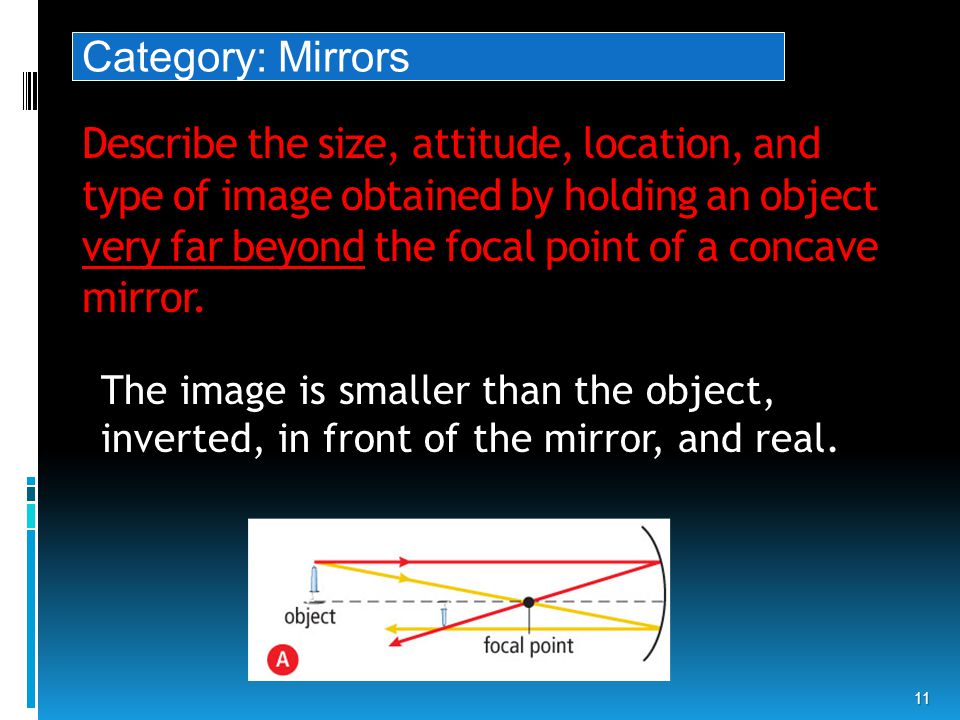 Describe the size, attitude, location, and type of image obtained by holding an object very far beyond the focal point of a concave mirror.