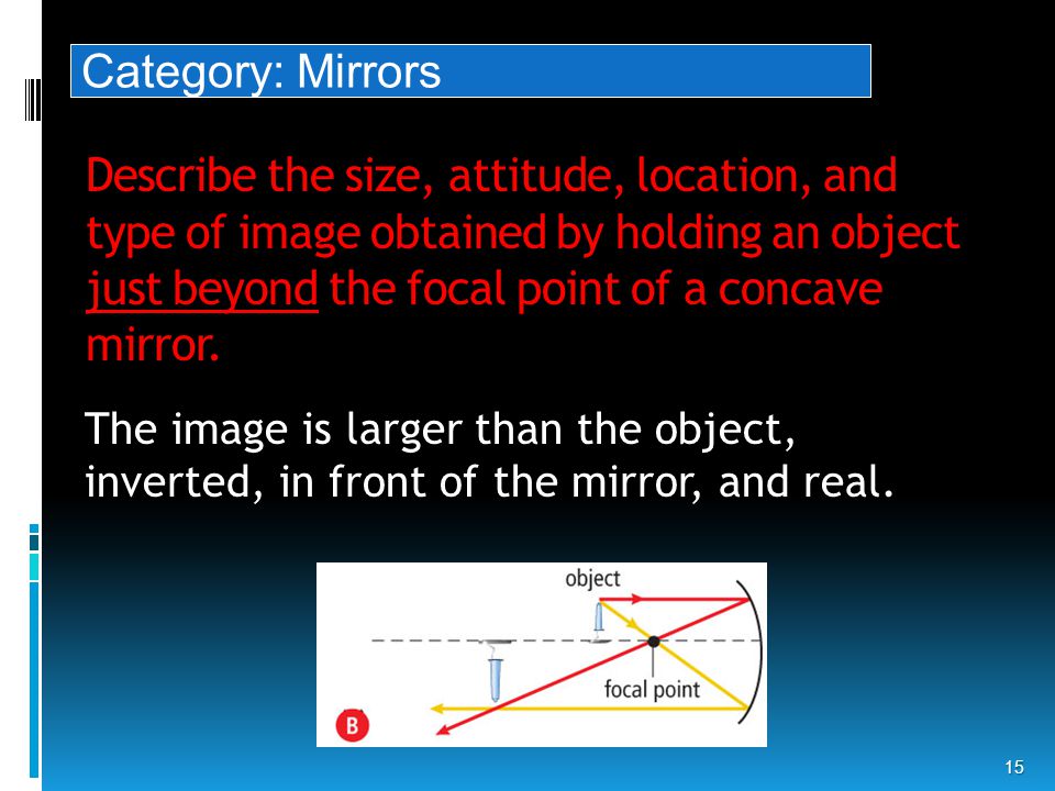 Describe the size, attitude, location, and type of image obtained by holding an object just beyond the focal point of a concave mirror.
