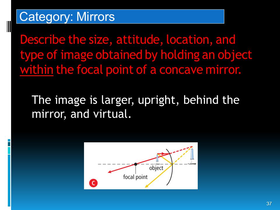 Describe the size, attitude, location, and type of image obtained by holding an object within the focal point of a concave mirror.