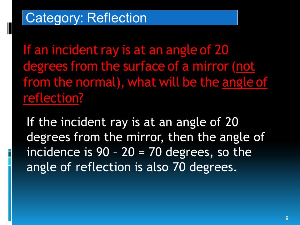 If an incident ray is at an angle of 20 degrees from the surface of a mirror (not from the normal), what will be the angle of reflection.