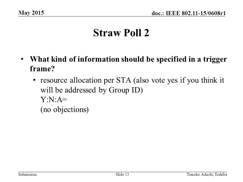 Submission doc.: IEEE /0608r1 Straw Poll 2 What kind of information should be specified in a trigger frame.