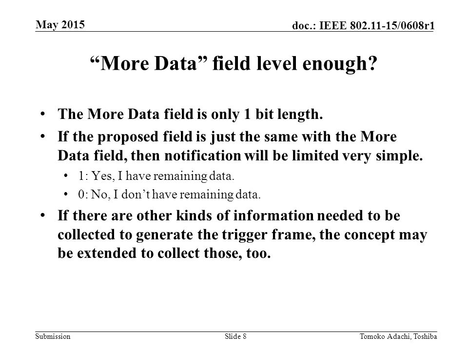 Submission doc.: IEEE /0608r1 More Data field level enough.