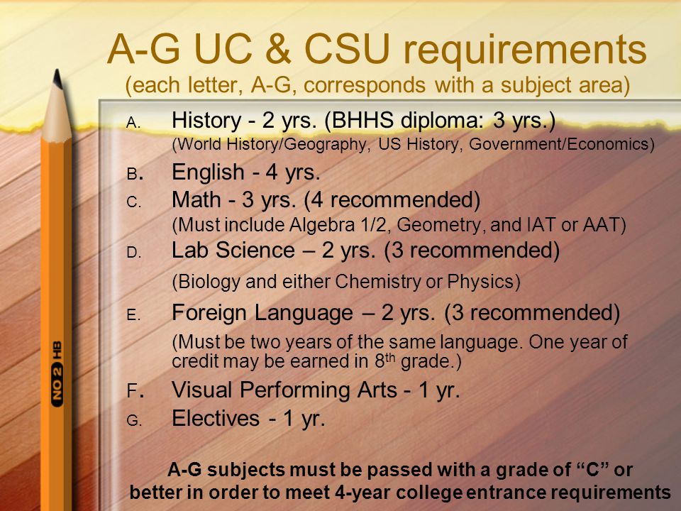 A-G UC & CSU requirements (each letter, A-G, corresponds with a subject area) A.