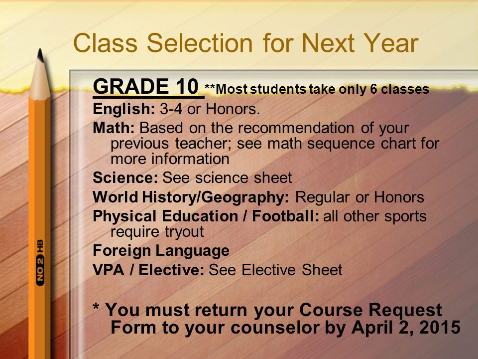 Class Selection for Next Year GRADE 10 **Most students take only 6 classes English: 3-4 or Honors.