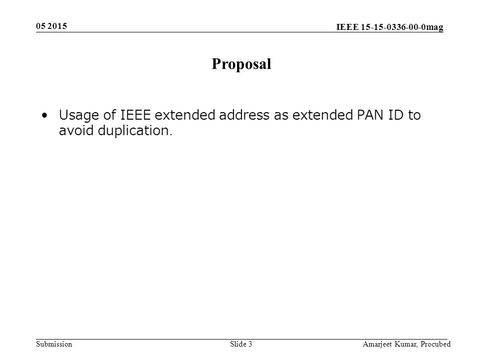 IEEE mag Submission Slide 3 Usage of IEEE extended address as extended PAN ID to avoid duplication.