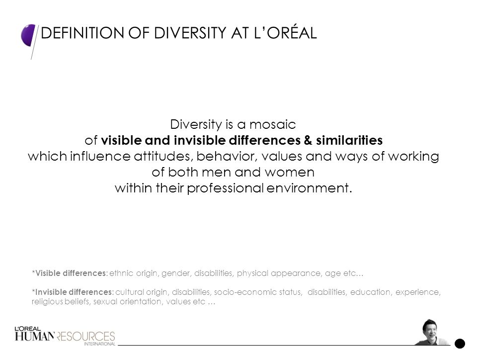 DEFINITION OF DIVERSITY AT L’ORÉAL Diversity is a mosaic of visible and invisible differences & similarities which influence attitudes, behavior, values and ways of working of both men and women within their professional environment.