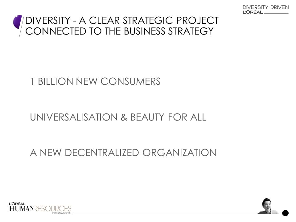1 BILLION NEW CONSUMERS UNIVERSALISATION & BEAUTY FOR ALL A NEW DECENTRALIZED ORGANIZATION DIVERSITY - A CLEAR STRATEGIC PROJECT CONNECTED TO THE BUSINESS STRATEGY