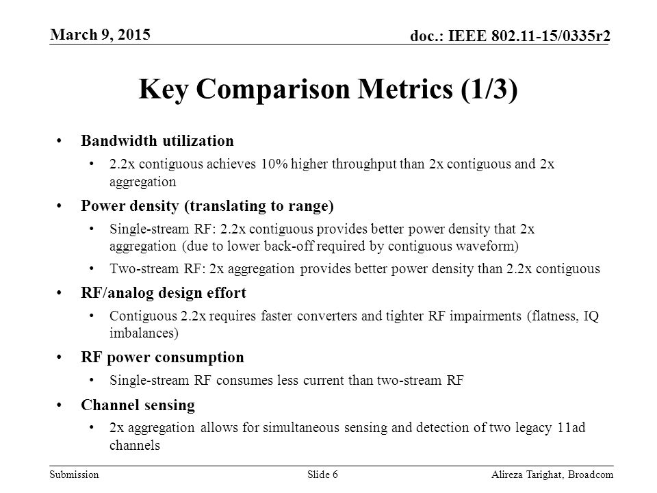 Submission doc.: IEEE /0335r2 Key Comparison Metrics (1/3) Bandwidth utilization 2.2x contiguous achieves 10% higher throughput than 2x contiguous and 2x aggregation Power density (translating to range) Single-stream RF: 2.2x contiguous provides better power density that 2x aggregation (due to lower back-off required by contiguous waveform) Two-stream RF: 2x aggregation provides better power density than 2.2x contiguous RF/analog design effort Contiguous 2.2x requires faster converters and tighter RF impairments (flatness, IQ imbalances) RF power consumption Single-stream RF consumes less current than two-stream RF Channel sensing 2x aggregation allows for simultaneous sensing and detection of two legacy 11ad channels Alireza Tarighat, BroadcomSlide 6 March 9, 2015