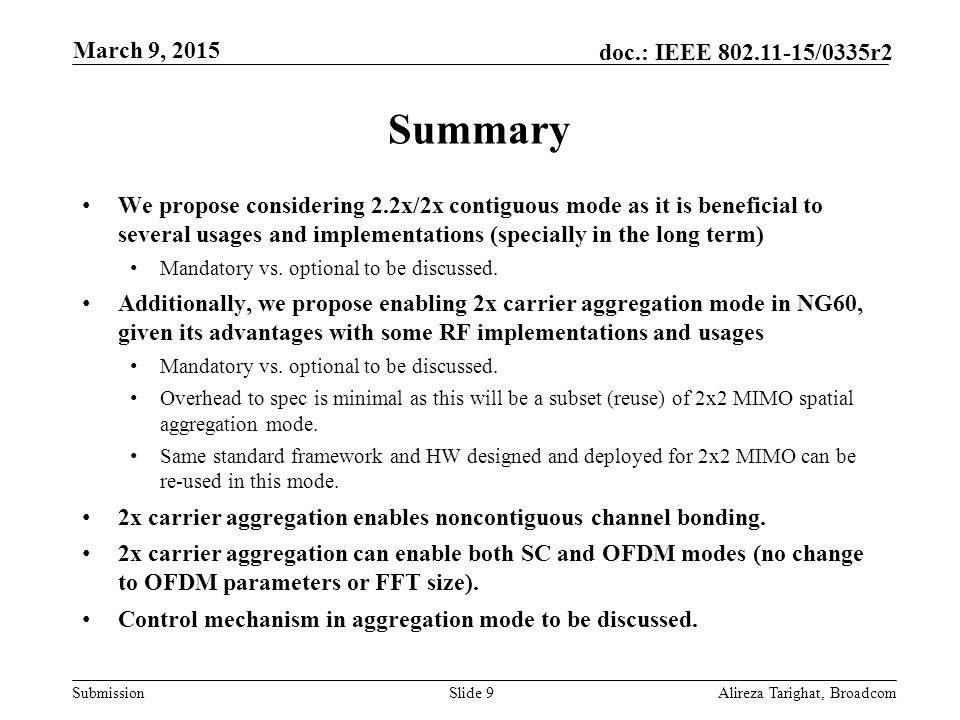 Submission doc.: IEEE /0335r2 Summary We propose considering 2.2x/2x contiguous mode as it is beneficial to several usages and implementations (specially in the long term) Mandatory vs.