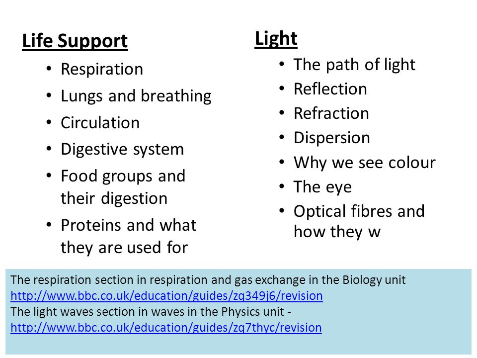 Life Support Respiration Lungs and breathing Circulation Digestive system Food groups and their digestion Proteins and what they are used for The respiration section in respiration and gas exchange in the Biology unit     The light waves section in waves in the Physics unit Light The path of light Reflection Refraction Dispersion Why we see colour The eye Optical fibres and how they w