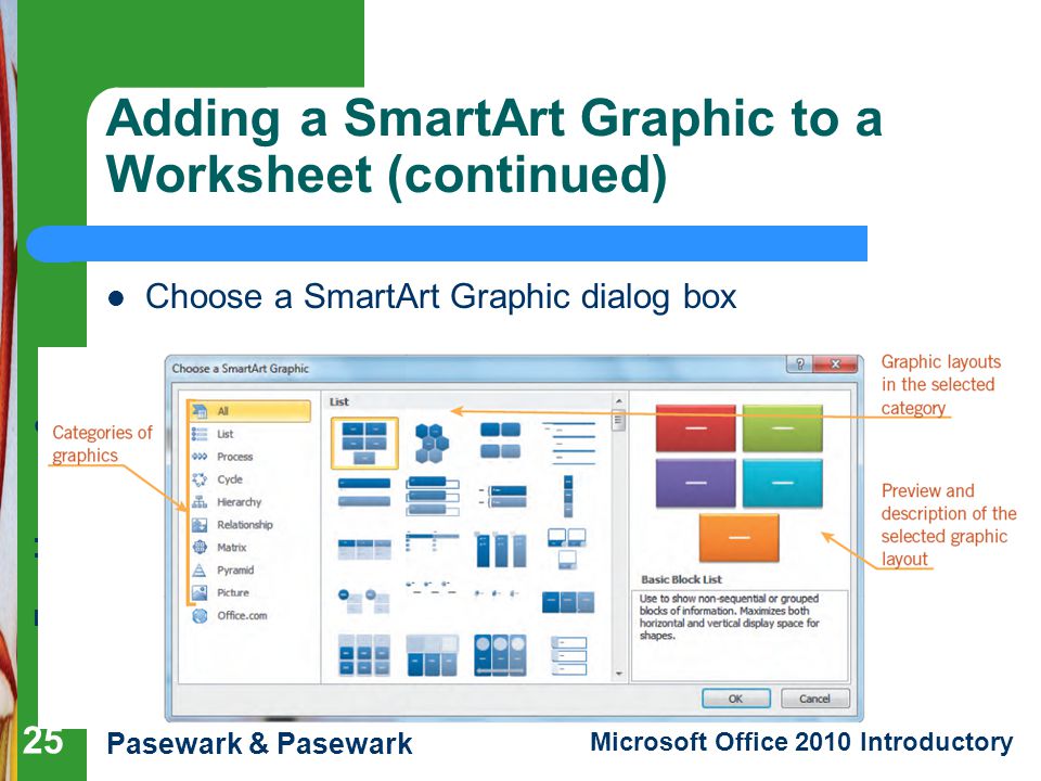Excel Lesson 6 Pasewark & Pasewark Microsoft Office 2010 Introductory Adding a SmartArt Graphic to a Worksheet (continued) Choose a SmartArt Graphic dialog box 25