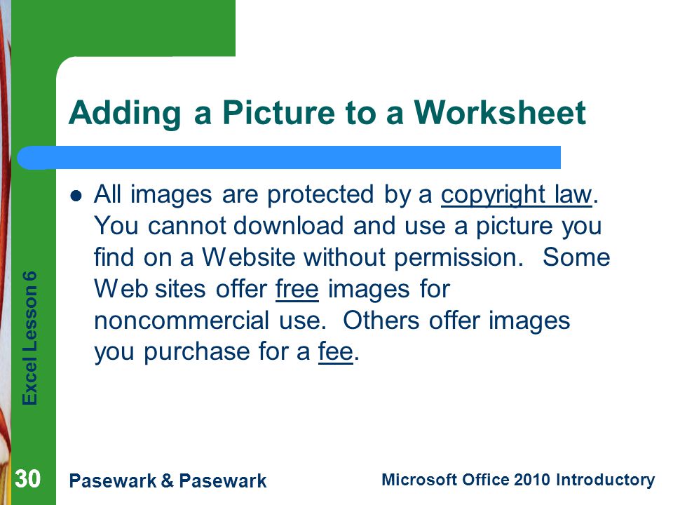 Excel Lesson 6 Pasewark & Pasewark Microsoft Office 2010 Introductory 30 Adding a Picture to a Worksheet All images are protected by a copyright law.