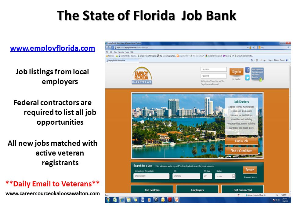 Job listings from local employers Federal contractors are required to list all job opportunities All new jobs matched with active veteran registrants **Daily  to Veterans**   The State of Florida Job Bank