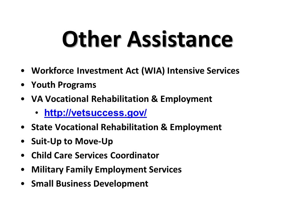 Other Assistance Workforce Investment Act (WIA) Intensive Services Youth Programs VA Vocational Rehabilitation & Employment   State Vocational Rehabilitation & Employment Suit-Up to Move-Up Child Care Services Coordinator Military Family Employment Services Small Business Development