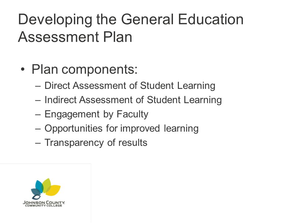 Developing the General Education Assessment Plan Plan components: –Direct Assessment of Student Learning –Indirect Assessment of Student Learning –Engagement by Faculty –Opportunities for improved learning –Transparency of results