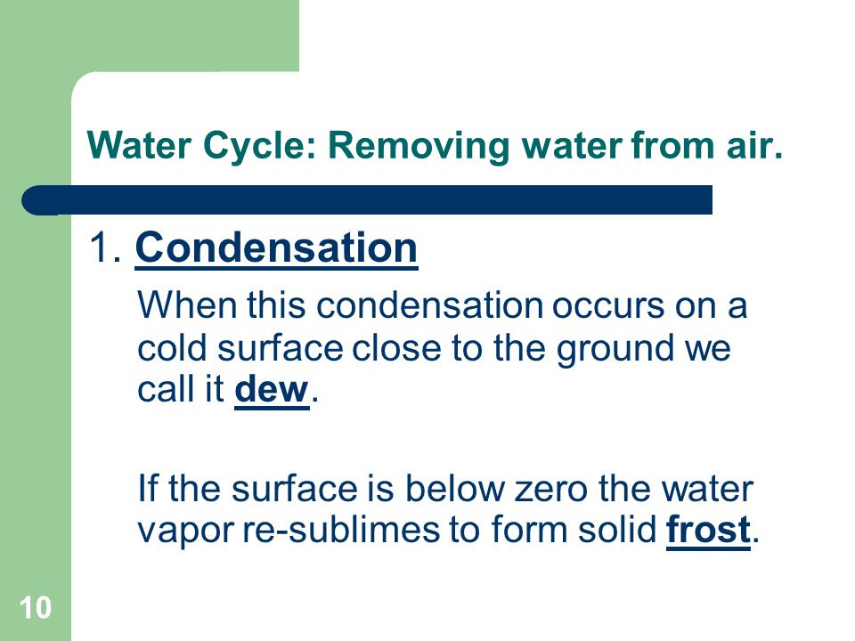 10 Water Cycle: Removing water from air. 1.