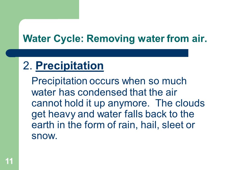 11 Water Cycle: Removing water from air. 2.