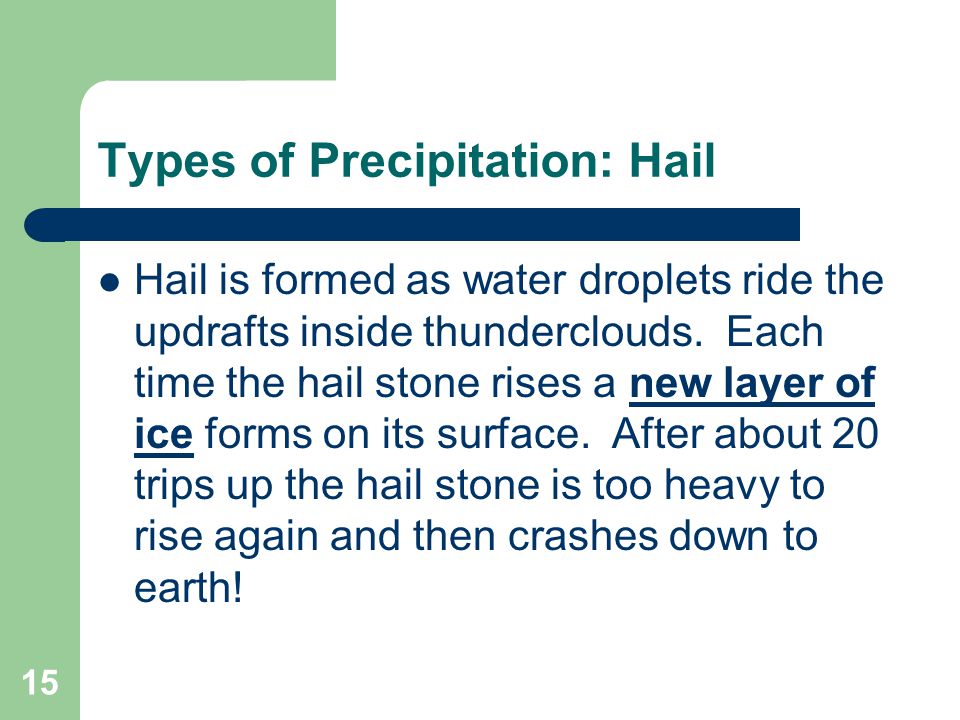 15 Types of Precipitation: Hail Hail is formed as water droplets ride the updrafts inside thunderclouds.