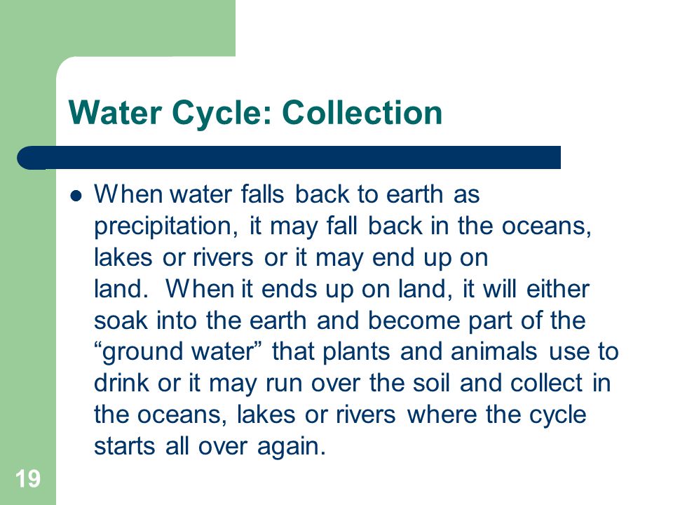 19 Water Cycle: Collection When water falls back to earth as precipitation, it may fall back in the oceans, lakes or rivers or it may end up on land.