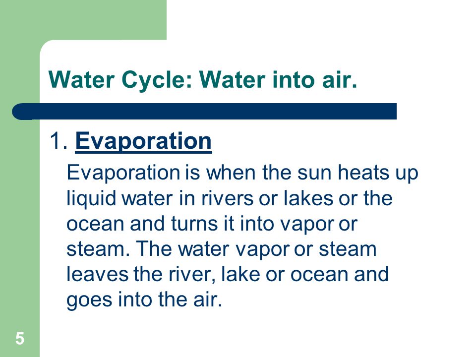 5 Water Cycle: Water into air. 1.