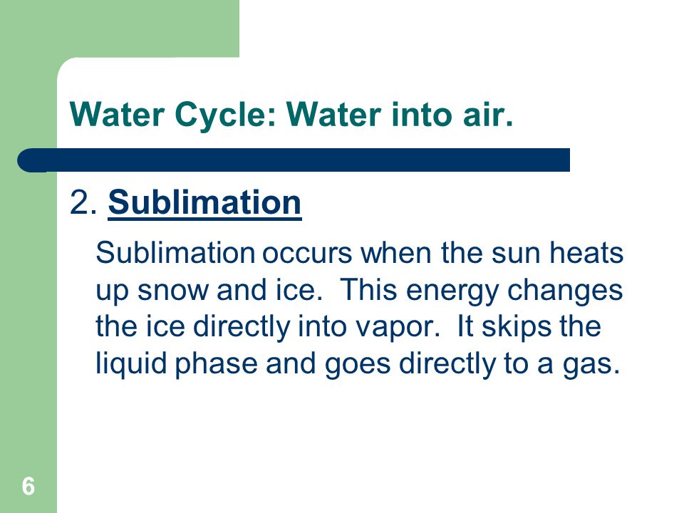 6 Water Cycle: Water into air. 2.