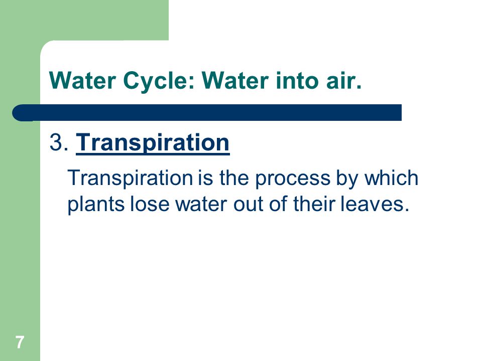 7 Water Cycle: Water into air. 3.