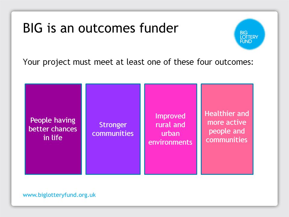 BIG is an outcomes funder Your project must meet at least one of these four outcomes: People having better chances in life Stronger communities Improved rural and urban environments Healthier and more active people and communities