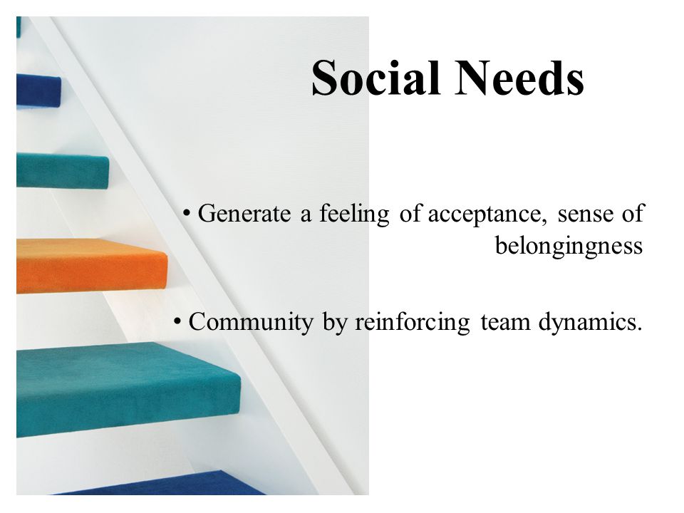Generate a feeling of acceptance, sense of belongingness Community by reinforcing team dynamics.