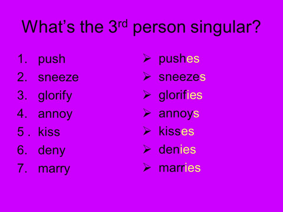 What’s the 3 rd person singular. 1. push 2. sneeze 3.