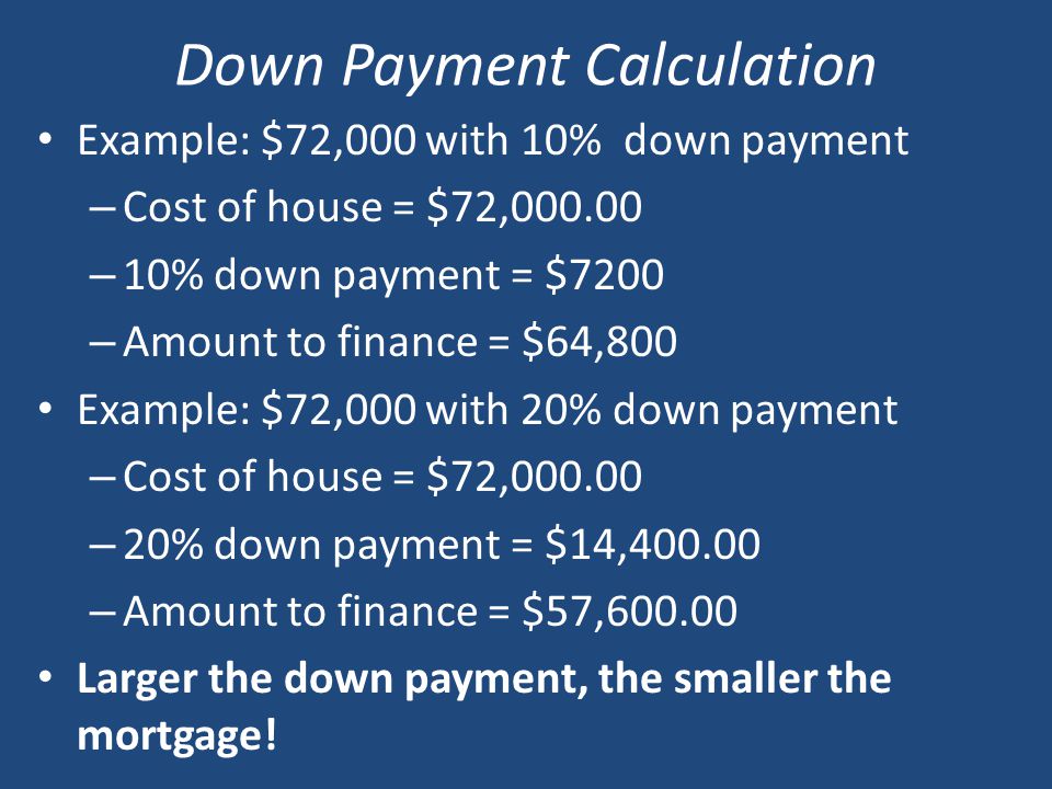 Down Payment Calculation Example: $72,000 with 10% down payment – Cost of house = $72, – 10% down payment = $7200 – Amount to finance = $64,800 Example: $72,000 with 20% down payment – Cost of house = $72, – 20% down payment = $14, – Amount to finance = $57, Larger the down payment, the smaller the mortgage!