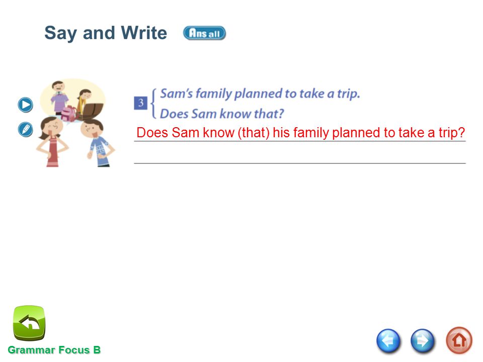 Grammar Focus B Grammar Focus B Does Sam know (that) his family planned to take a trip