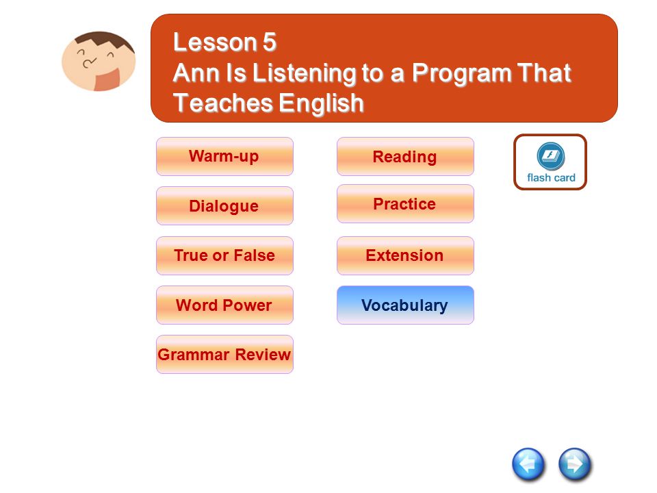 Warm-up Dialogue Practice Word Power Extension Vocabulary Reading Grammar Review True or False Lesson 5 Ann Is Listening to a Program That Teaches English